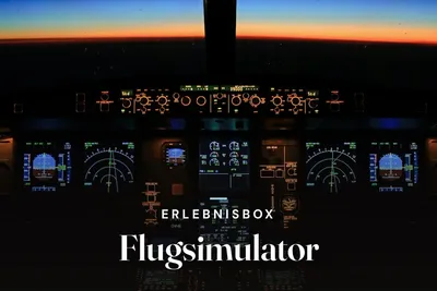 Airplane cockpit with illuminated instruments at sunset, overlaid with the title Erlebnisbox Flugsimulator