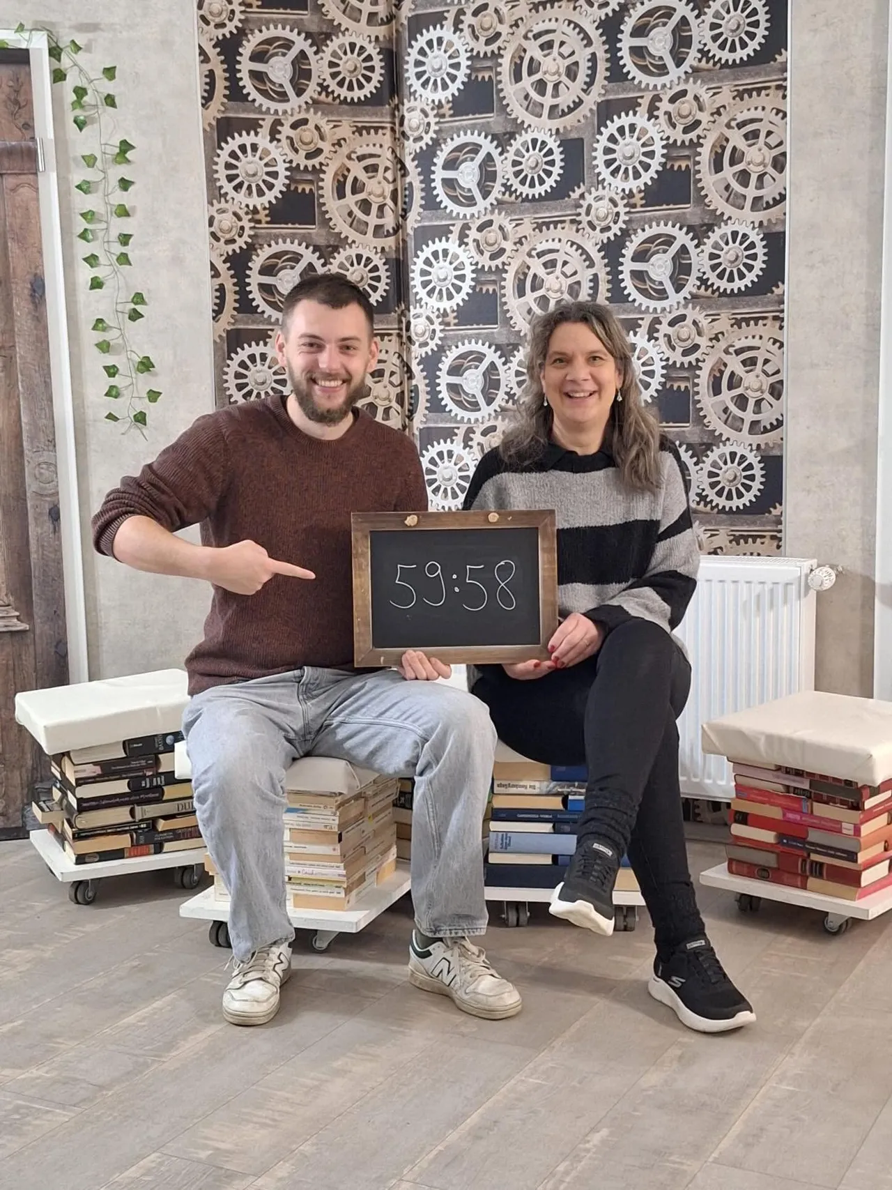 Two proud people that just finished an escape room in just under 1 hour