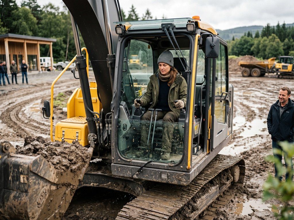 Participant operating an excavator during a driving experience