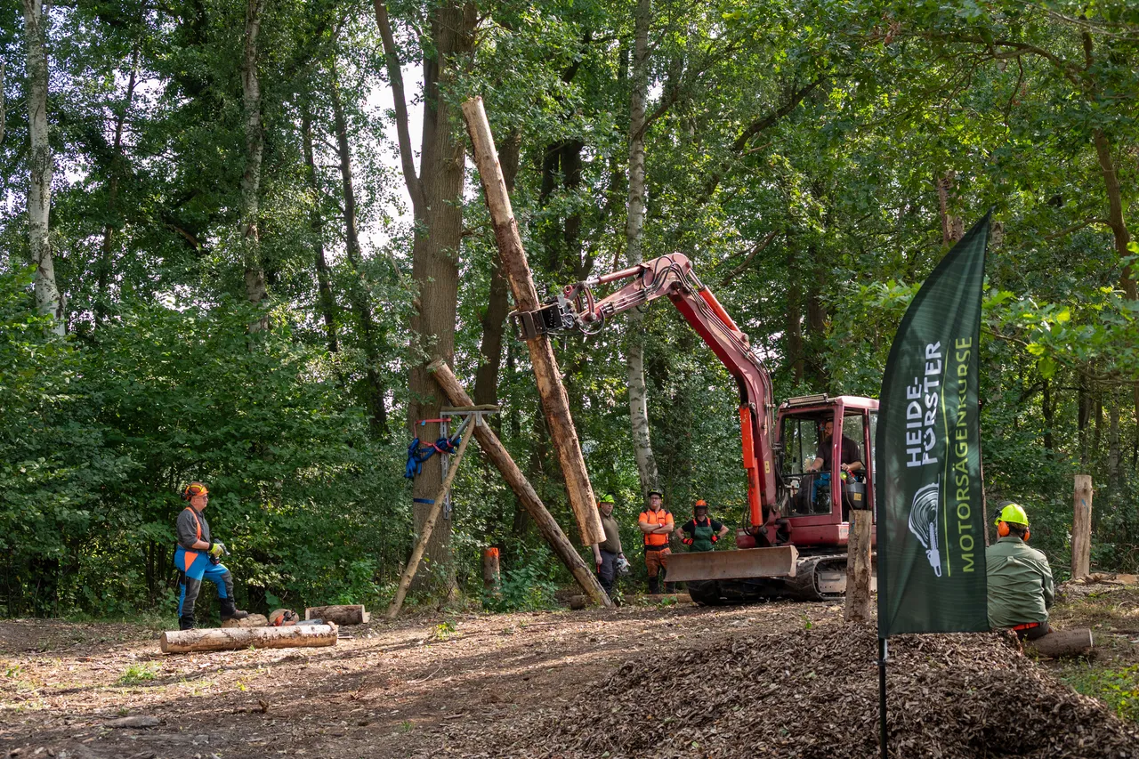 Excavator with a grapple attachment lifting large tree trunks while participants in helmets watch at a chainsaw training course