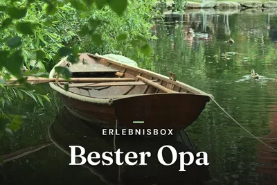 Wooden rowing boat moored on a green lake under willow branches