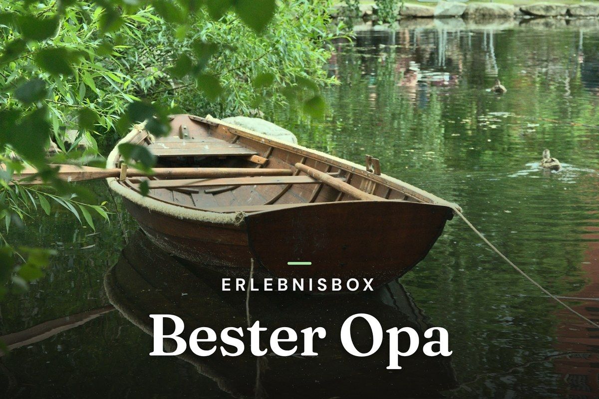 Wooden rowing boat moored on a green lake under willow branches
