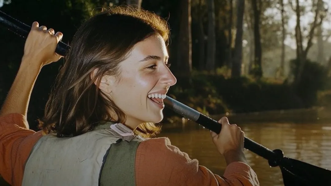 A woman laughing during a a canoe tour