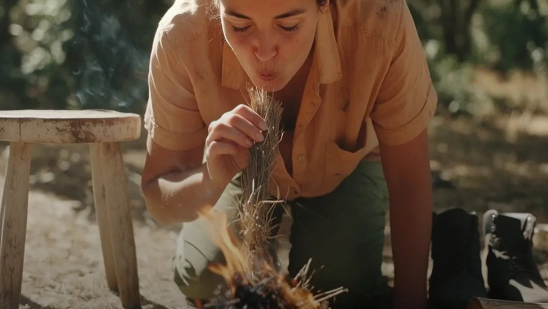 A woman lighting fire with traditional methods