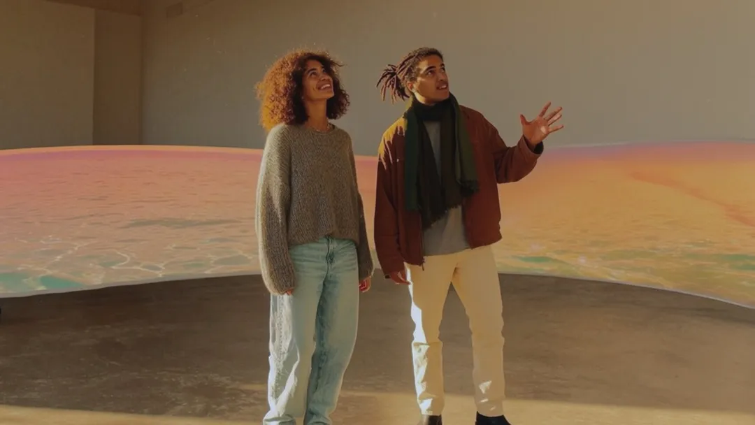 Two people admiring an immersive art installation with a projected landscape