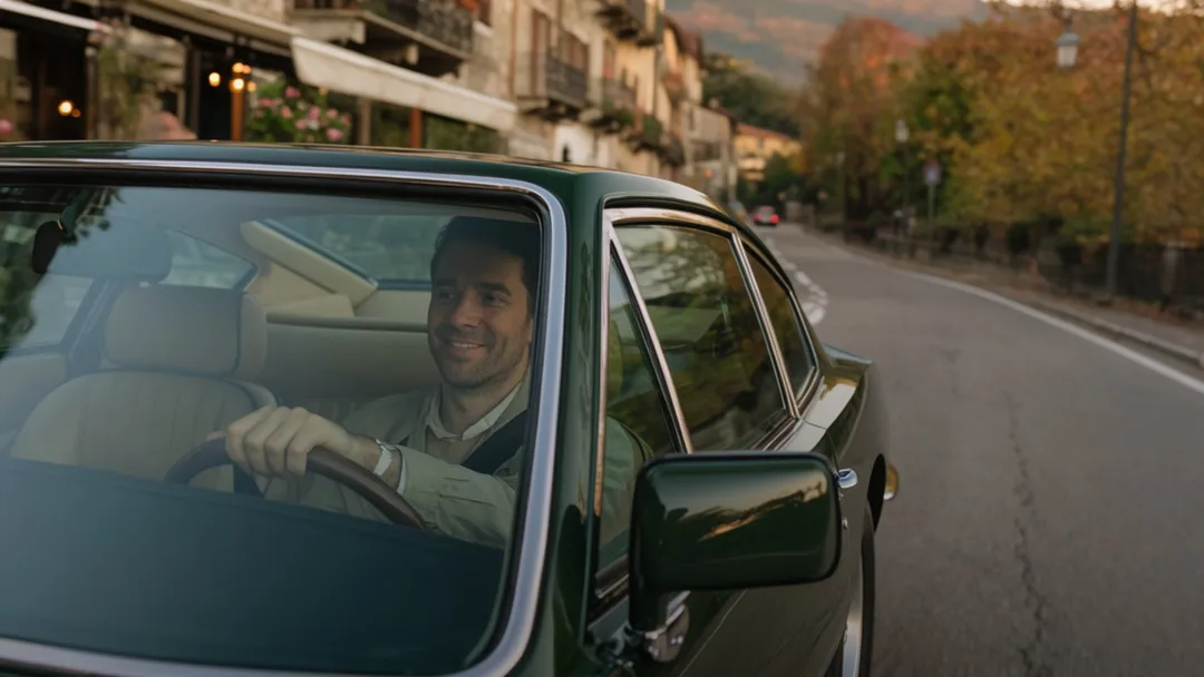 A man enjoying a ride in a classic car through a city