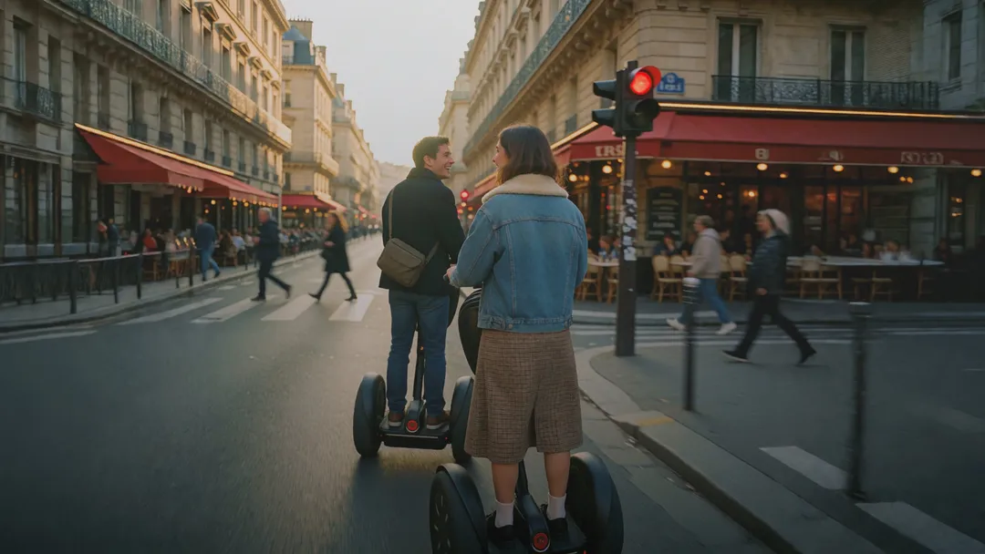 A couple on Segways on the street in a city