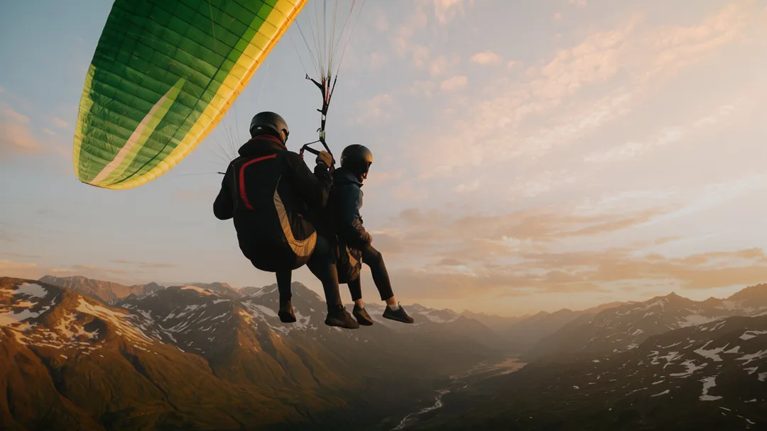Two people during a tandem paragliding flight at sunset