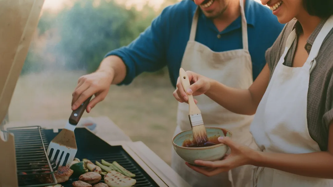 Two people standing next to a BBQ