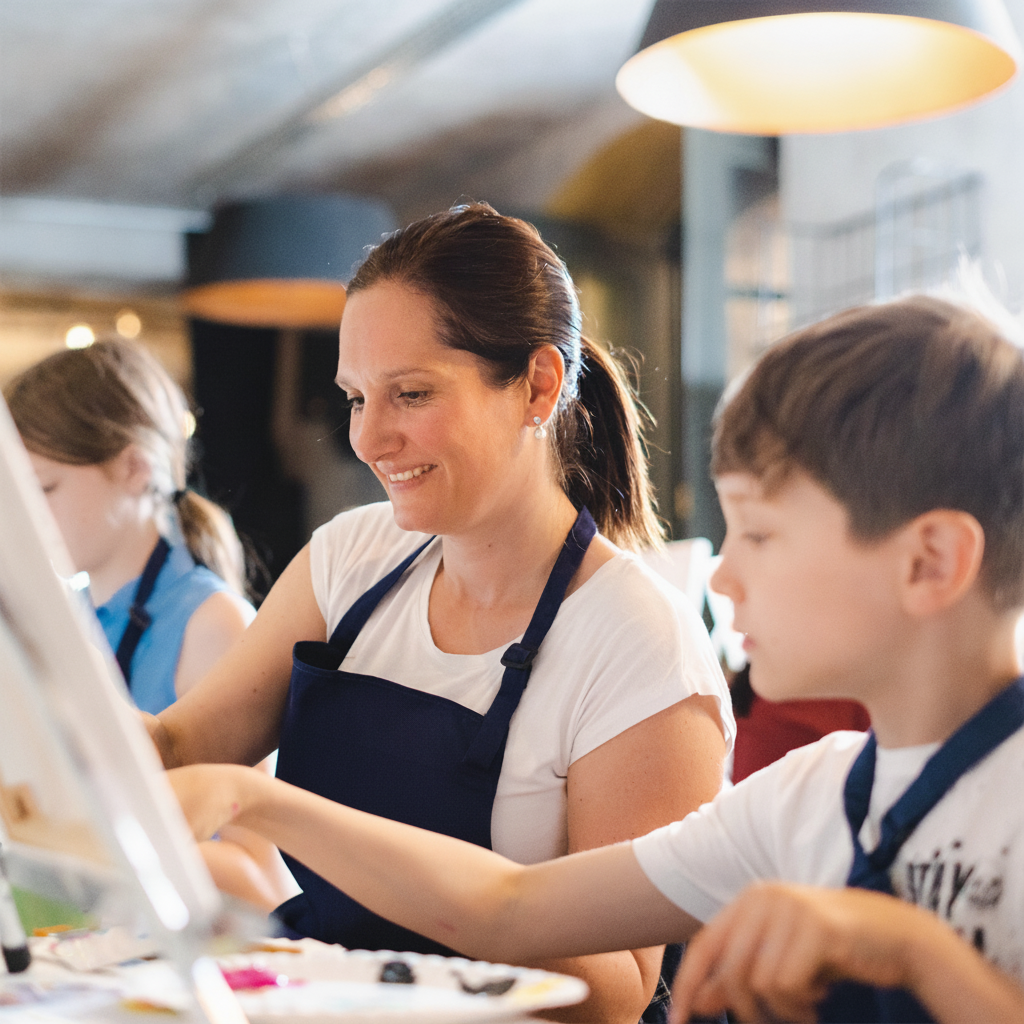 A mother and her child painting on canvas