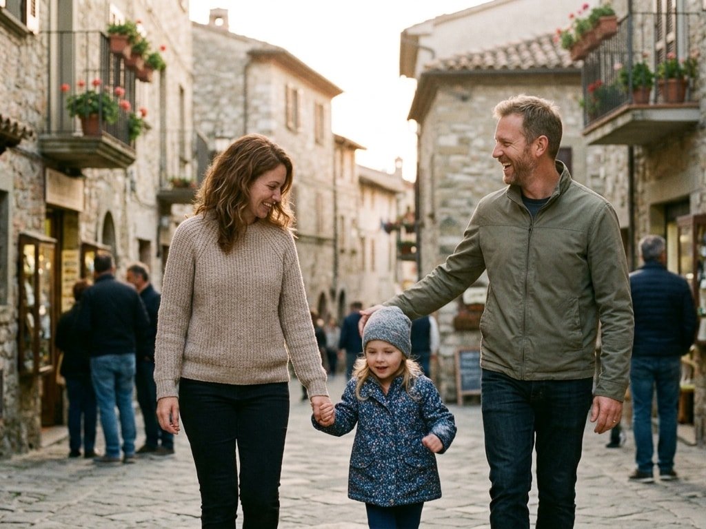 A happy family with a small child walking through a historic, sunlit cobblestone street in Italy.