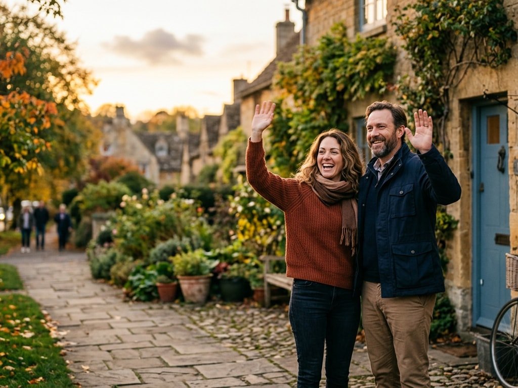 A man and a woman waving goodbye in front of a charming ivy-covered stone house.
