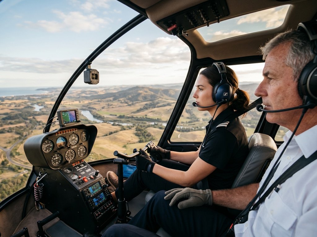 Passenger taking the controls inside a helicopter cockpit during a fly-a-helicopter experience