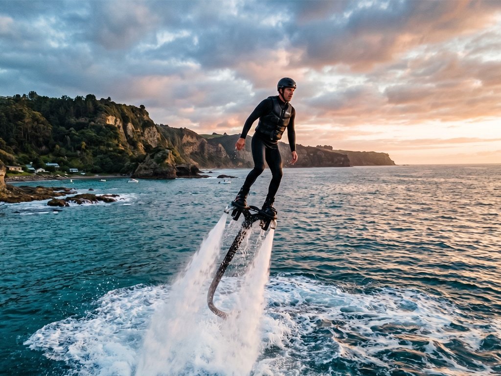 Person being propelled high above the water on a flyboard