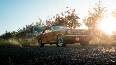 Red 1965 Ford Mustang convertible parked in golden evening sunlight