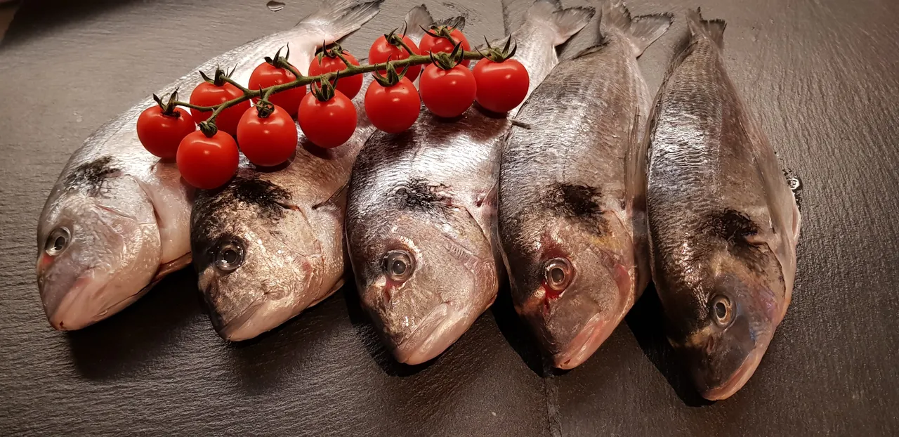 Fresh fish with tomatoes on a serving plate