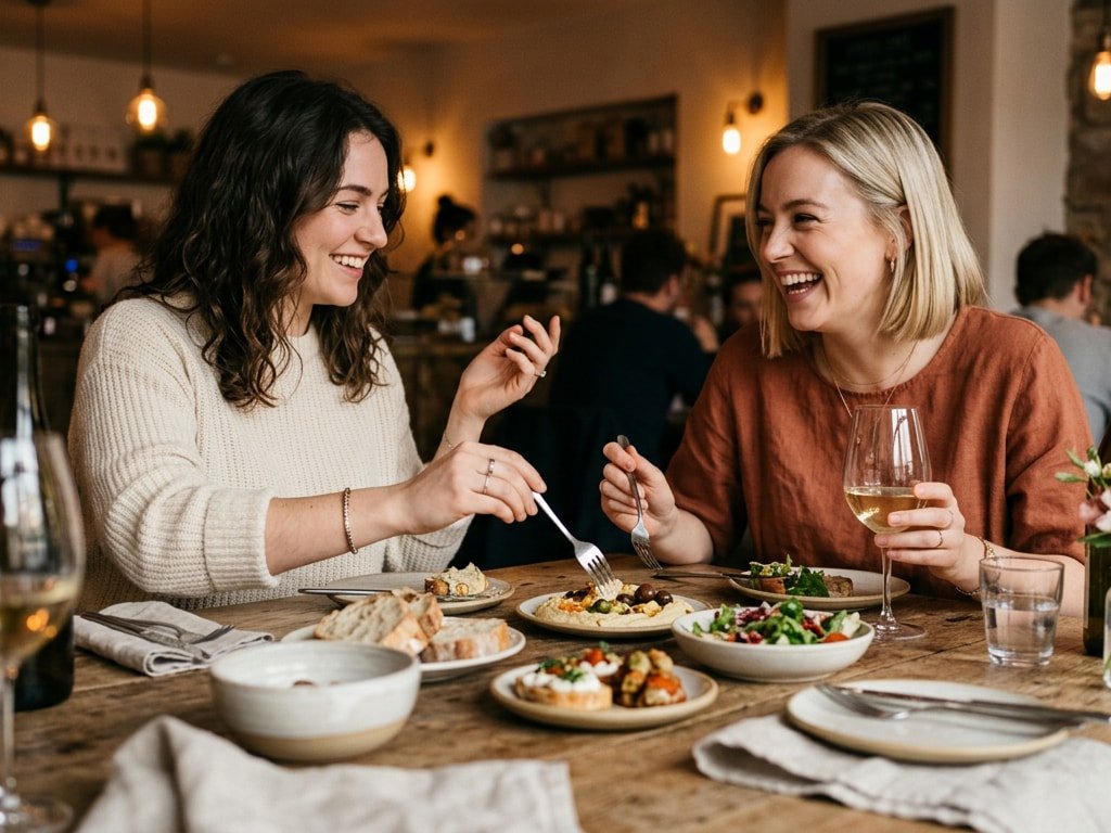 Two women sharing tapas and white wine while laughing in a cozy, modern restaurant.