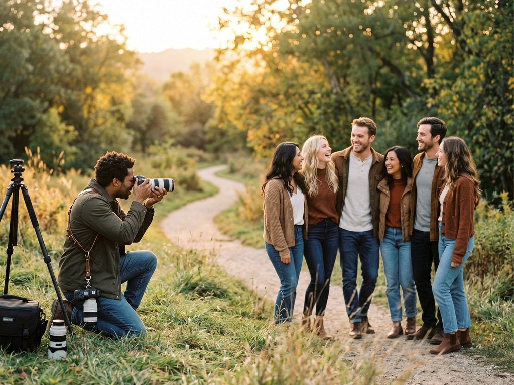 Group of friends laughing together in a woodland setting during a professional friends photoshoot experience