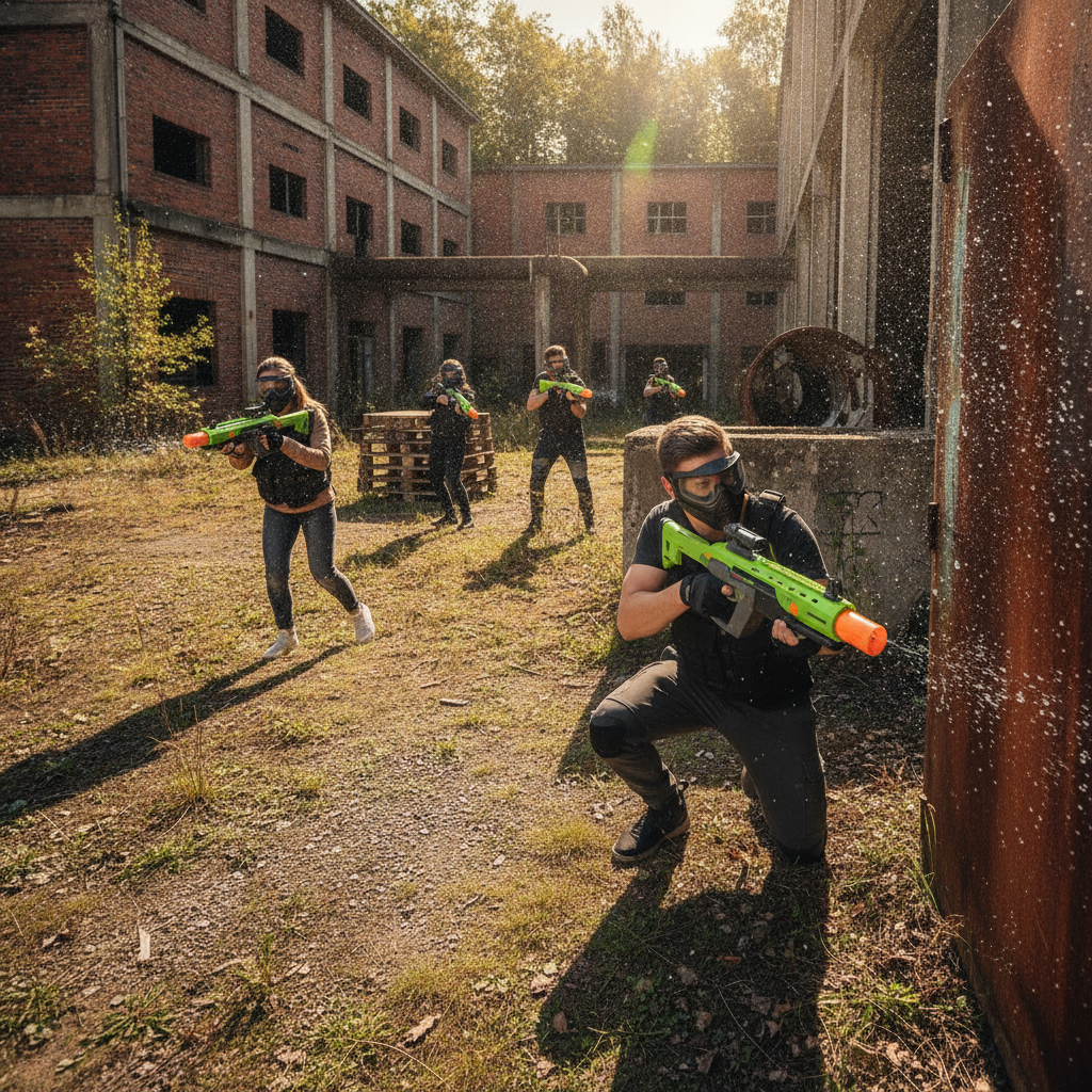 A group of people with shooting guns in a playing atmosphere