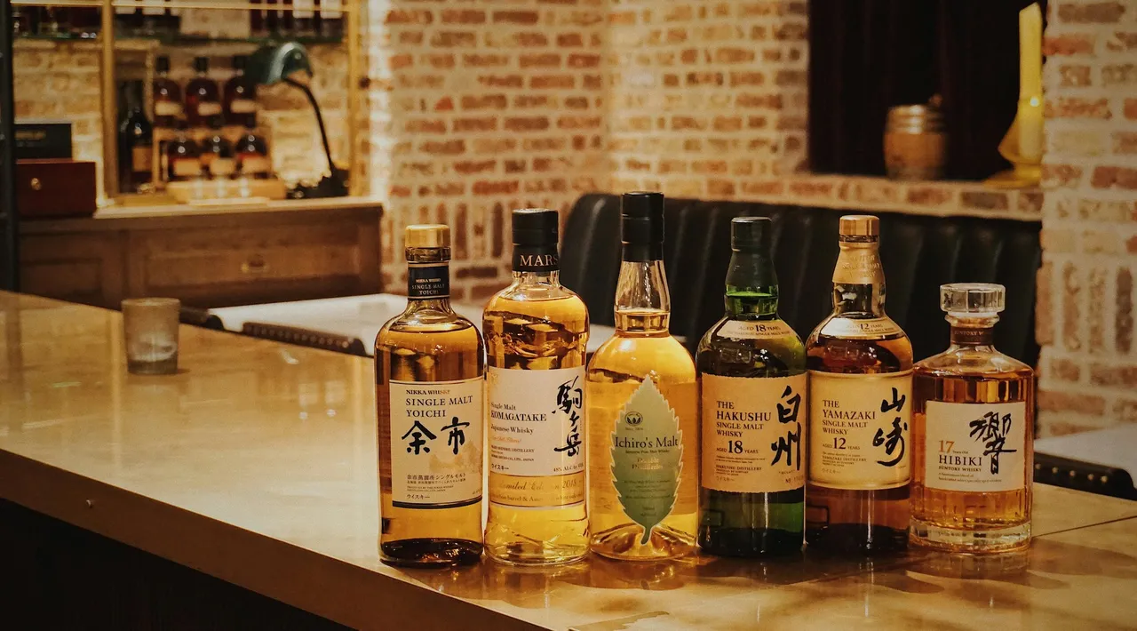 Bottles with whisky on a table