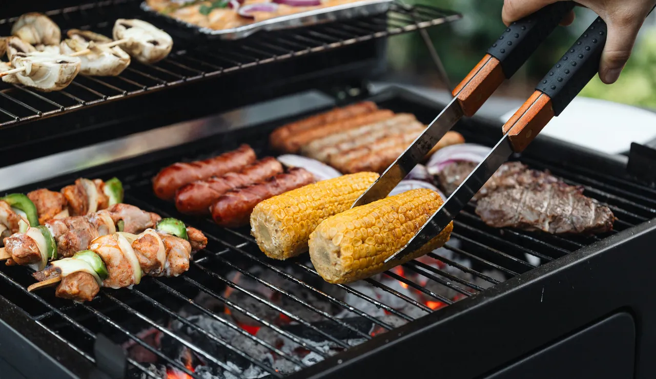 Vegetables and meat on a grill