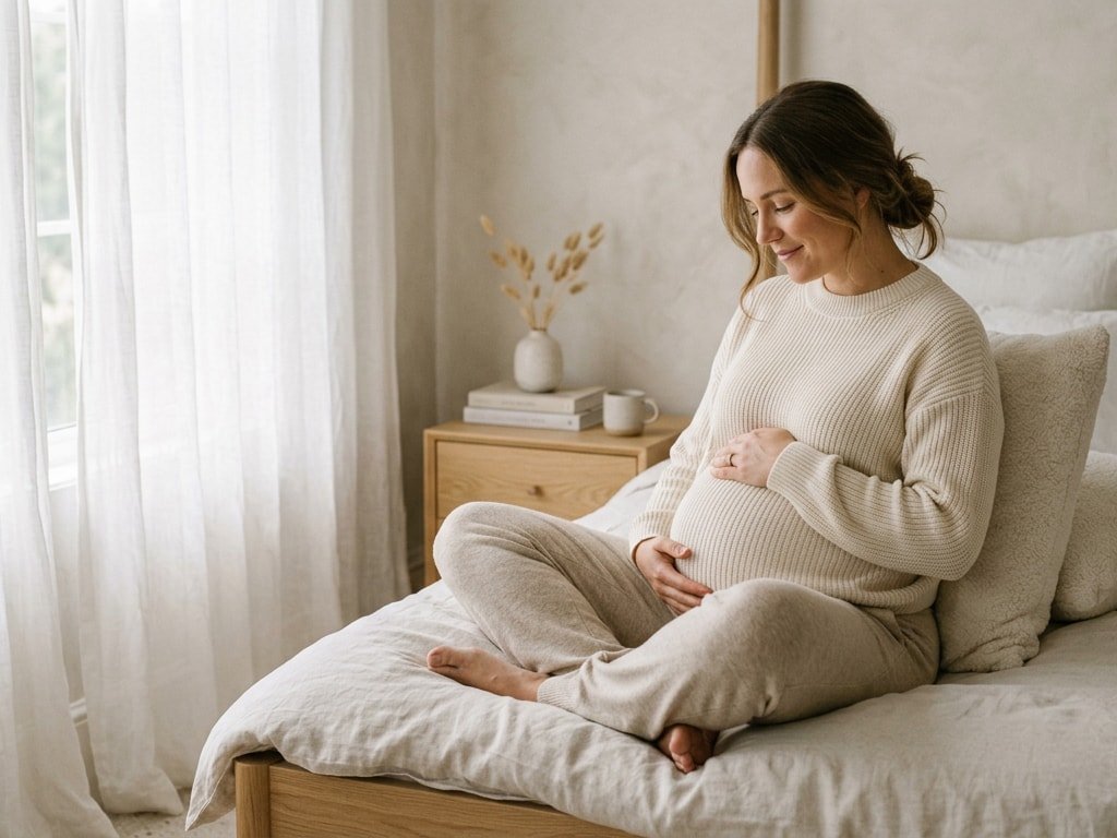 A pregnant woman sitting comfortably on a bed, holding her belly and smiling peacefully.