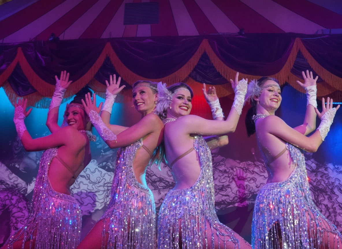 Four women in costumers performing a cabaret show