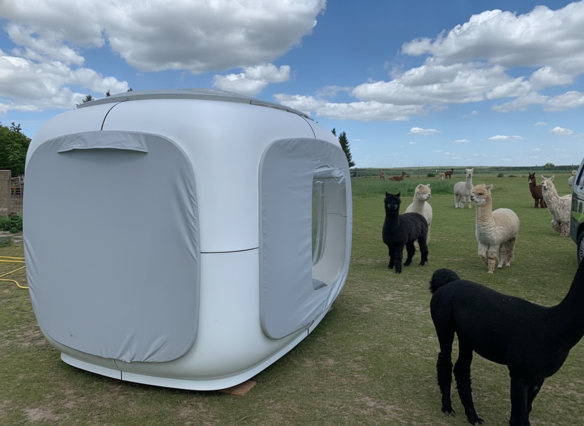A glamping cube on an alpaca farm