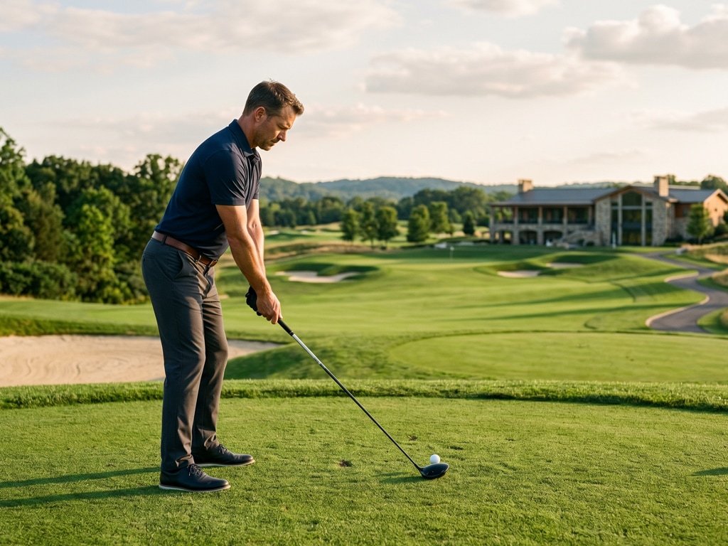 Golfer taking a swing on a lush green golf course