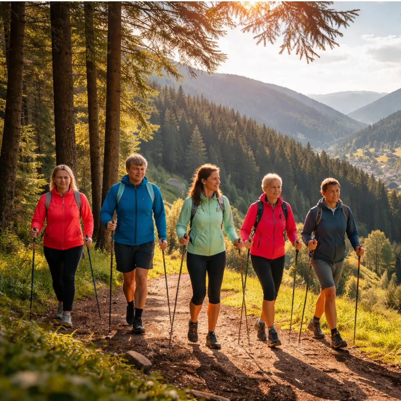 A group of five people smiling and Nordic walking with poles on a sunny dirt trail through a pine forest.