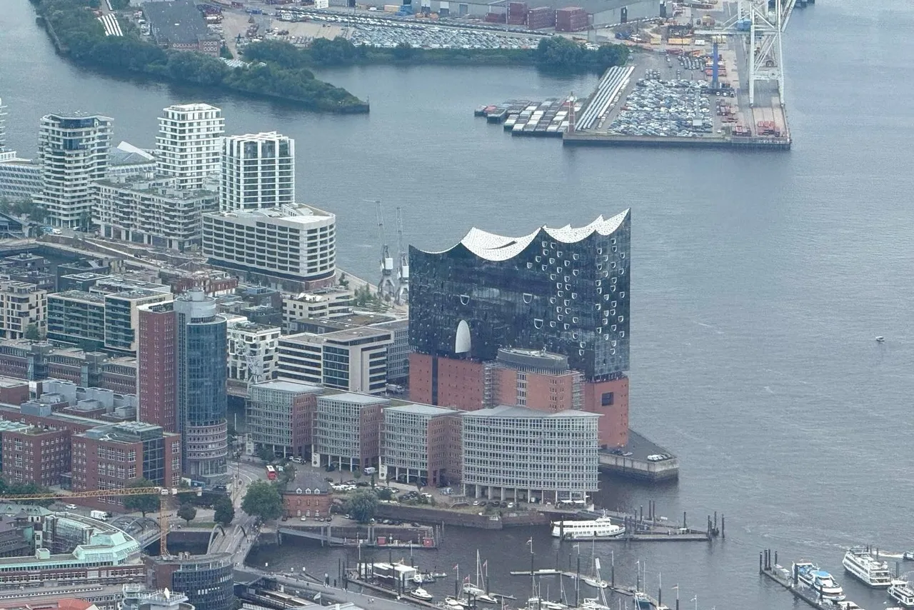 Aerial view of Hamburg harbour and the Elbphilharmonie seen from a helicopter on a sightseeing flight