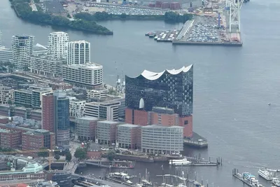 Aerial view of Hamburg harbour and the Elbphilharmonie seen from a helicopter on a sightseeing flight