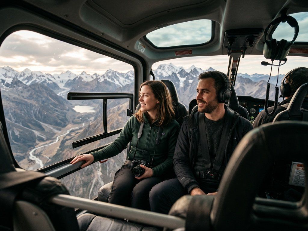 Interior view of a helicopter tour with passengers enjoying aerial sightseeing from above