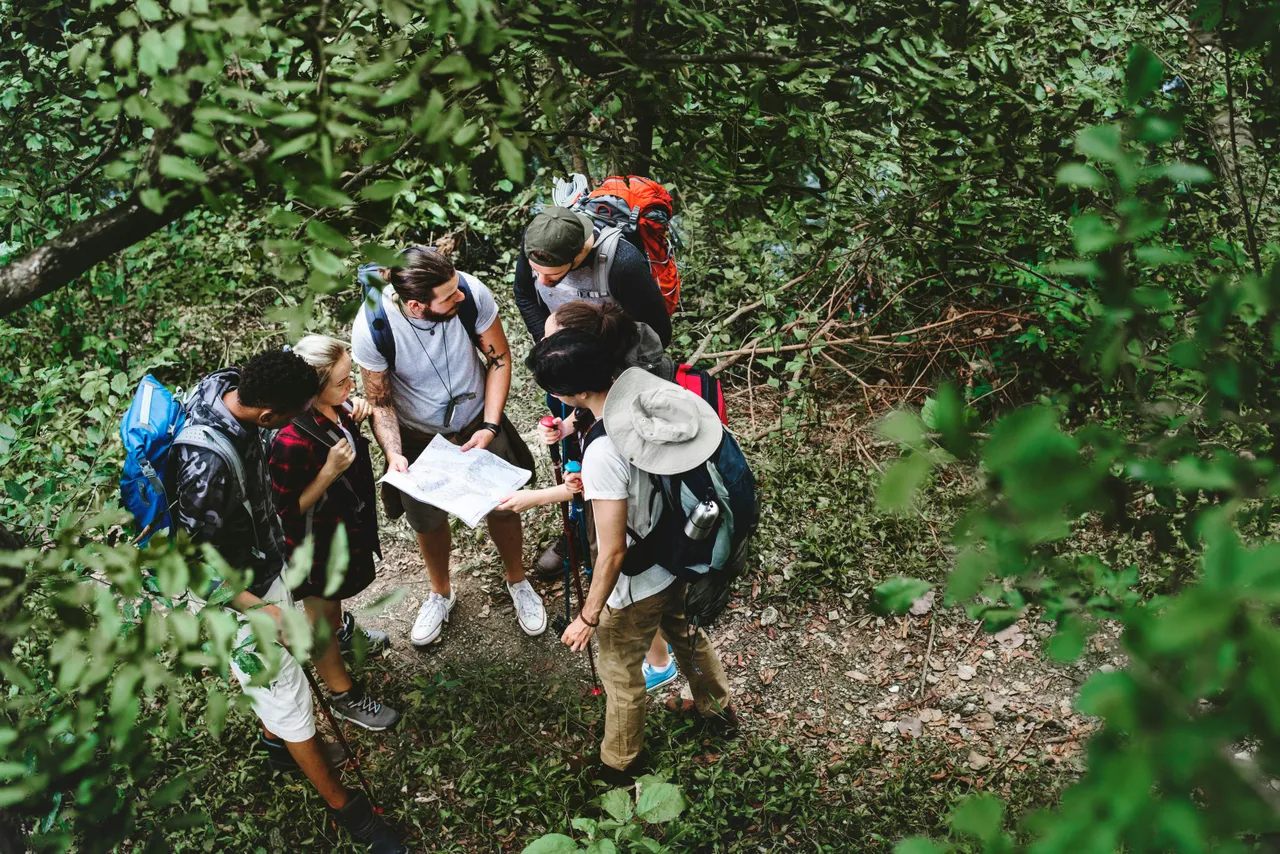 High-angle view of a group of backpackers gathered together in a dense forest looking at a paper trail map.
