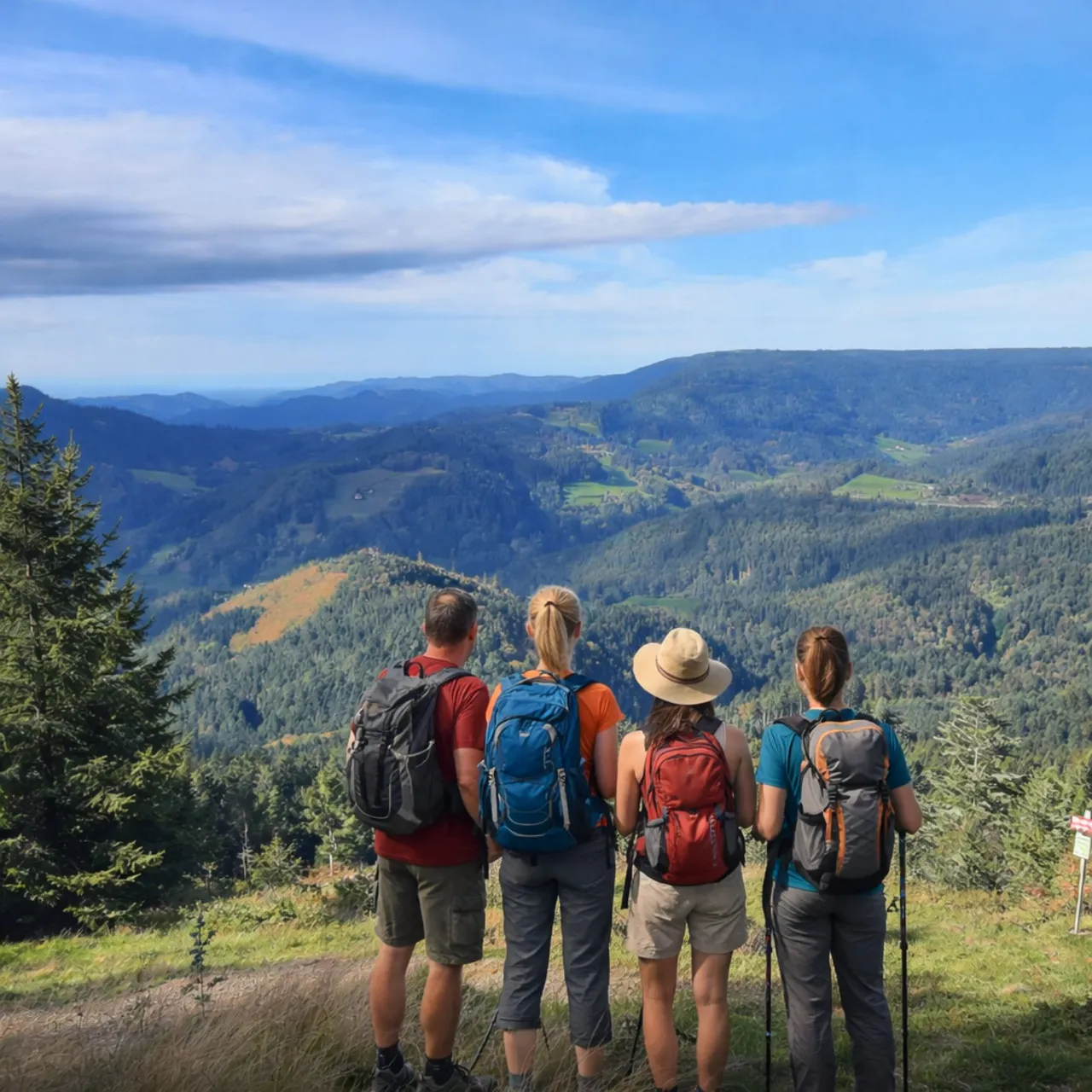 A group of four hikers with backpacks looking out at a wide, scenic panorama of forested mountains and valleys under a blue sky.