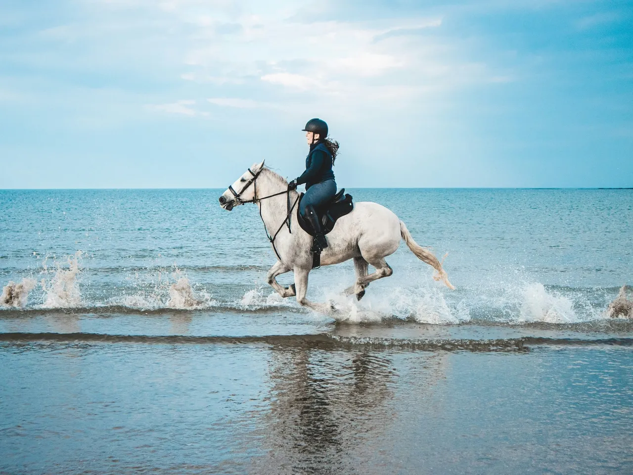 A person wearing a helmet rides a white horse at a gallop through the shallow water on a sandy beach.