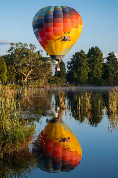 Hot air balloon over a lake