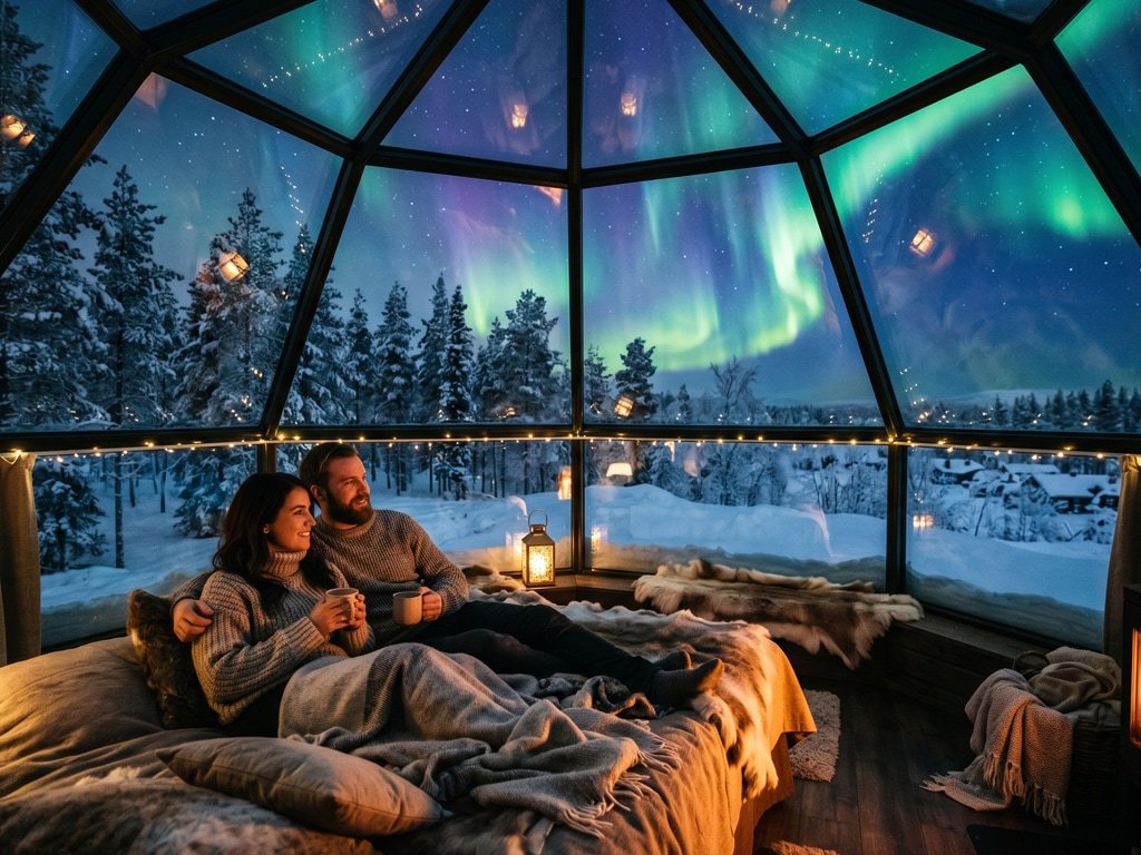Illuminated glass igloo surrounded by snow at night with northern lights in the sky above