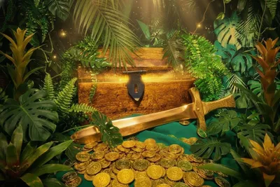Wooden box with a golden sword and golden coins in a jungle setting