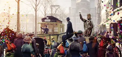 Virtual reconstruction of a former Cologne carnival parade with the carnival prince, a tram and jesters in colourful caps