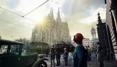 Virtual street scene in 1926 Cologne with vintage cars, passers-by and the cathedral in the sunlight