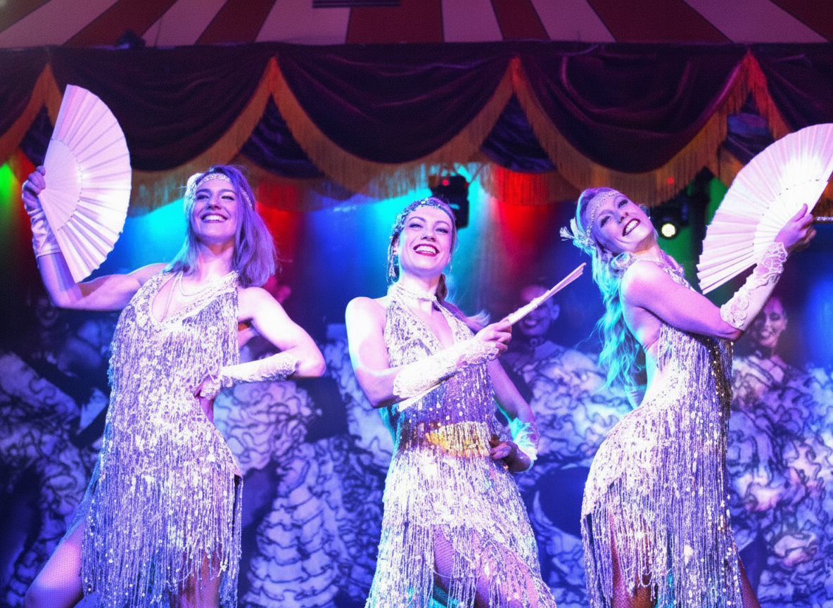 Three women in customes performing a cabaret show