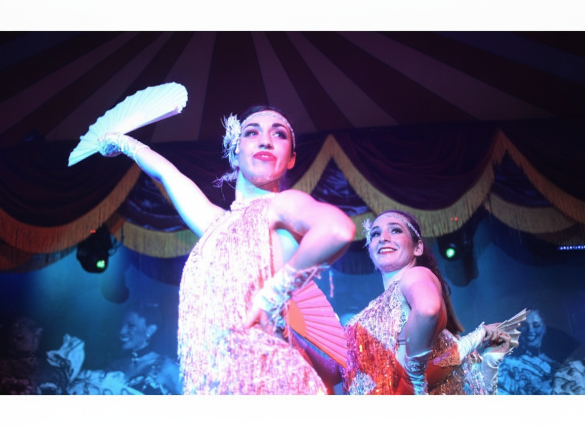 Two women in costumes performing a cabaret show