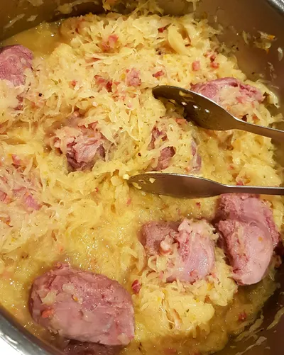 Sauerkraut dish with sausage slices