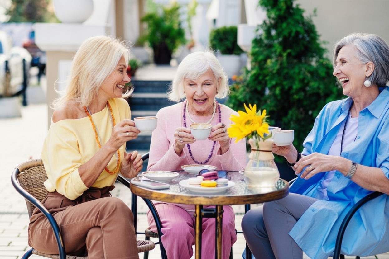 Three women sitting on a table chatting over a cup of coffee