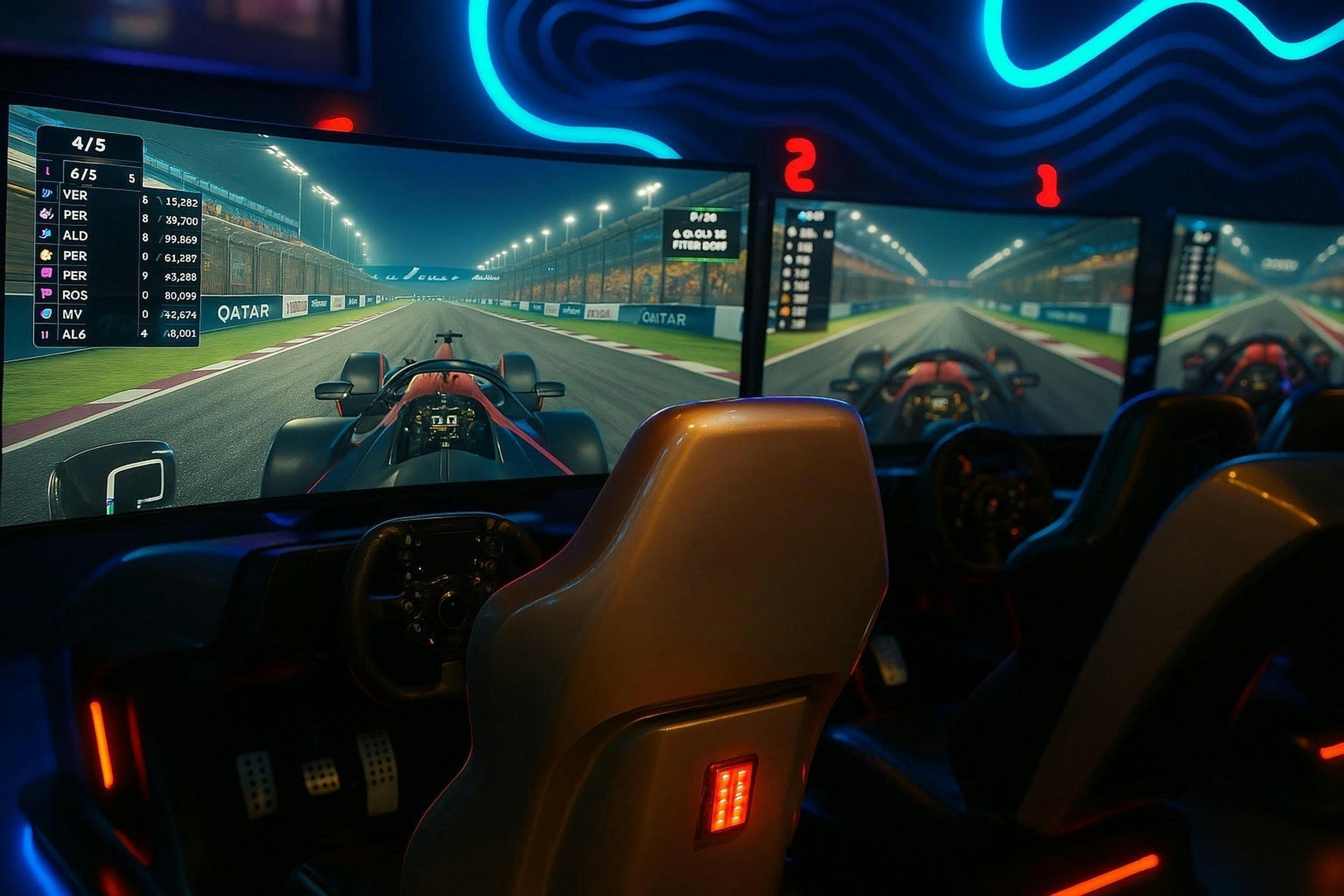 A man wearing a VR headset sits in a specialized racing simulator cockpit with a steering wheel and pedals, playing a driving game.