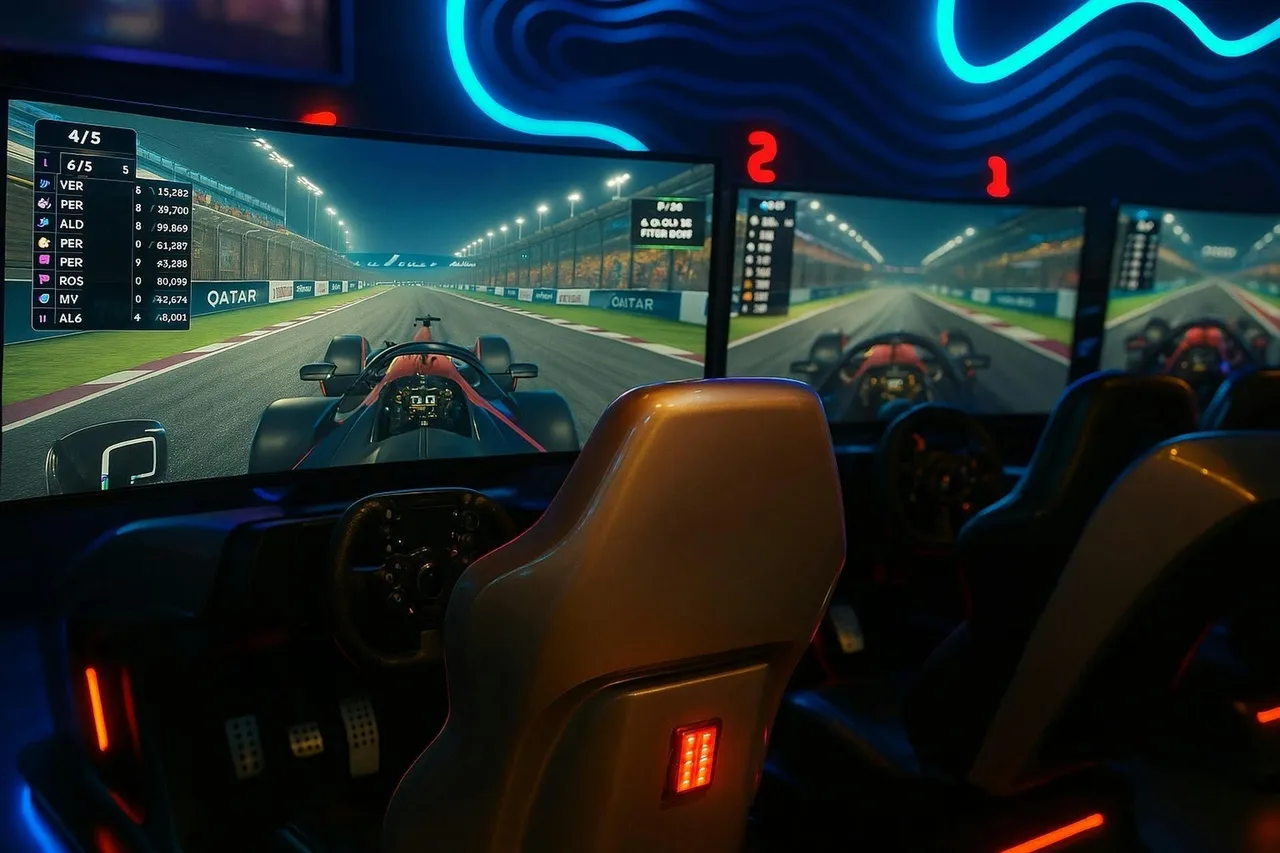 A man wearing a VR headset sits in a specialized racing simulator cockpit with a steering wheel and pedals, playing a driving game.