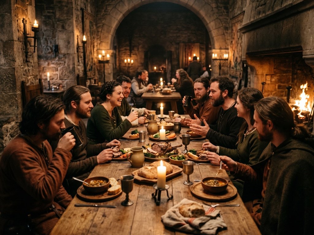 Guests in medieval costume feasting at long candlelit tables during a theatrical medieval banquet evening experience