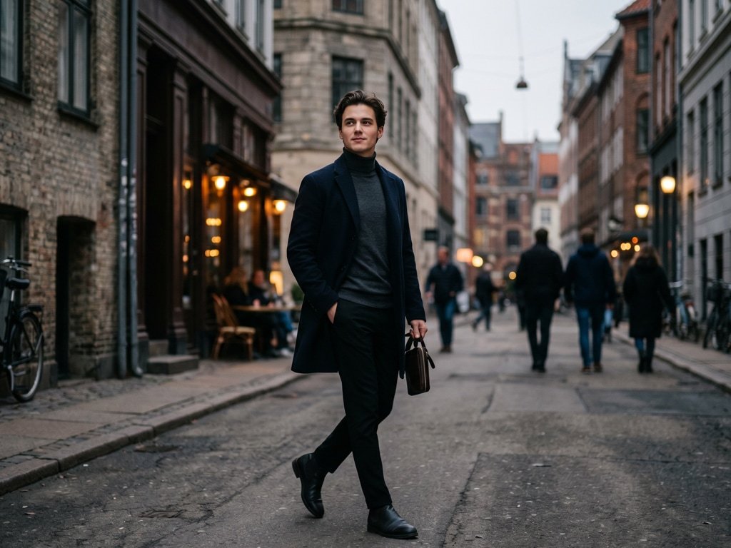 Man posing confidently in an urban setting during a professional men's portrait photoshoot experience