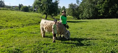 A boy and a woman next to a mini cow